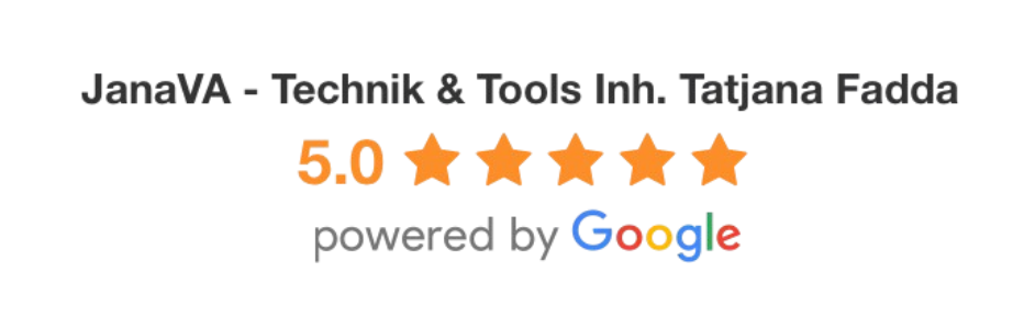 Ein Bild mit einer 5-Sterne-Google-Bewertung für „JanaVA – Technik & Tools Inh. Tatjana Fadda“ mit einer Wertung von 5,0 Sternen. Ein Bild mit einer 5-Sterne-Google-Bewertung für „JanaVA – Technik & Tools Inh. Tatjana Fadda“ mit einer Wertung von 5,0 Sternen.