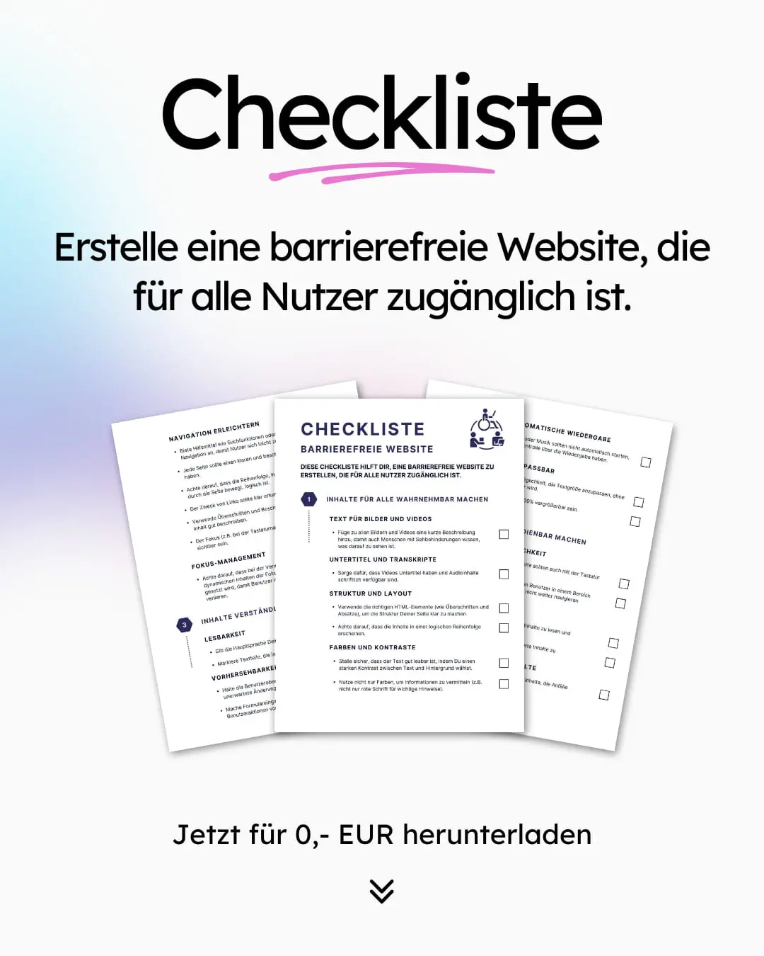 Bild einer Webseite mit einer Checkliste zum Erstellen einer barrierefreien Website. Sie enthält drei Checklisten-Dokumente und einen Text auf Deutsch, der für die Ressource zum kostenlosen Download wirbt. Bild einer Webseite mit einer Checkliste zum Erstellen einer barrierefreien Website. Sie enthält drei Checklisten-Dokumente und einen Text auf Deutsch, der für die Ressource zum kostenlosen Download wirbt.