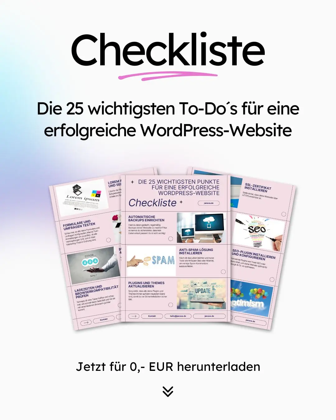 Werbebild für eine Checkliste mit dem Titel „Die 25 wichtigsten To-Do’s für eine erfolgreiche WordPress-Website“ mit verschiedenen Grafiken und einem Download-Angebot für 0 EUR.