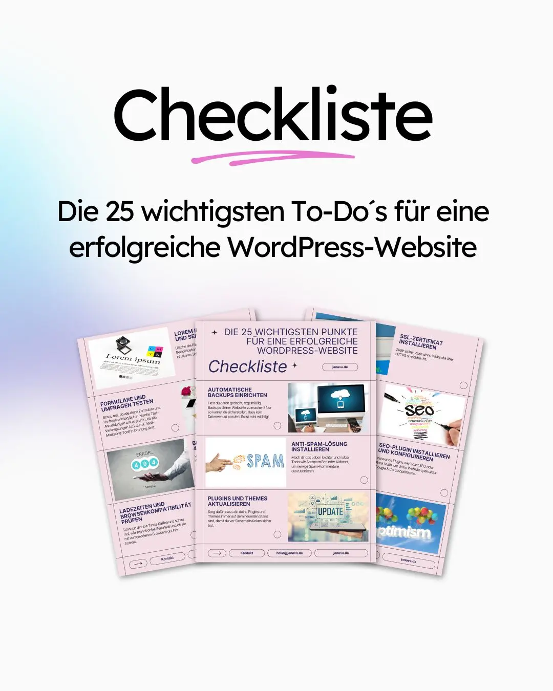 Checkliste mit „Die 25 wichtigsten To-Do’s für eine erfolgreiche WordPress-Website“, mit verschiedenen Icons und Texten zu Website-Management-Themen. Checkliste mit „Die 25 wichtigsten To-Do’s für eine erfolgreiche WordPress-Website“, mit verschiedenen Icons und Texten zu Website-Management-Themen.