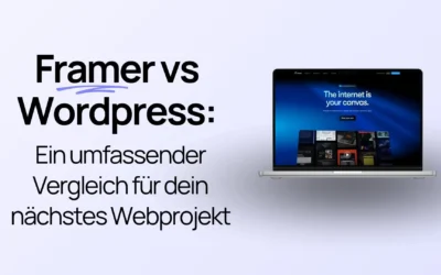 Der Text „Framer vs. WordPress: Ein umfassender Vergleich für dein nächstes Webprojekt“ neben einem Laptop, auf dem die Framer-Website zu sehen ist.