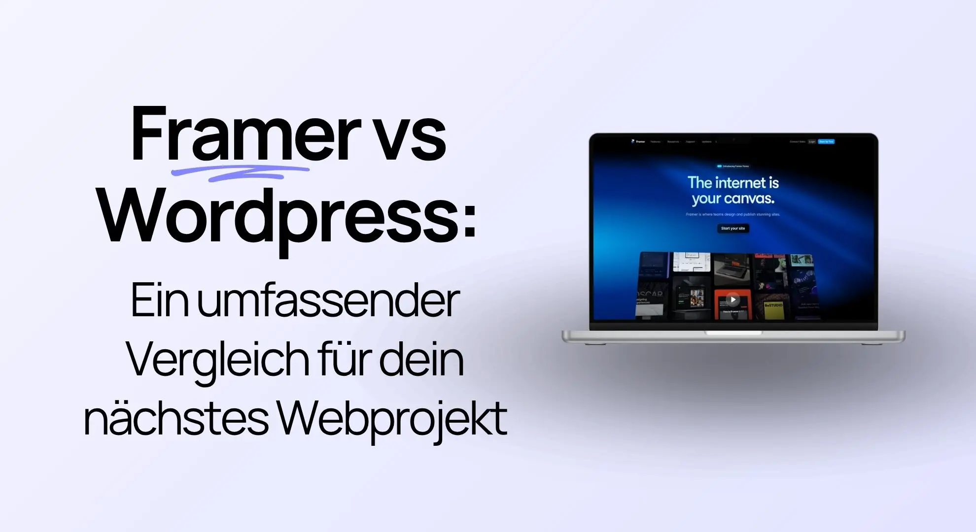 Der Text „Framer vs. WordPress: Ein umfassender Vergleich für dein nächstes Webprojekt“ neben einem Laptop, auf dem die Framer-Website zu sehen ist.