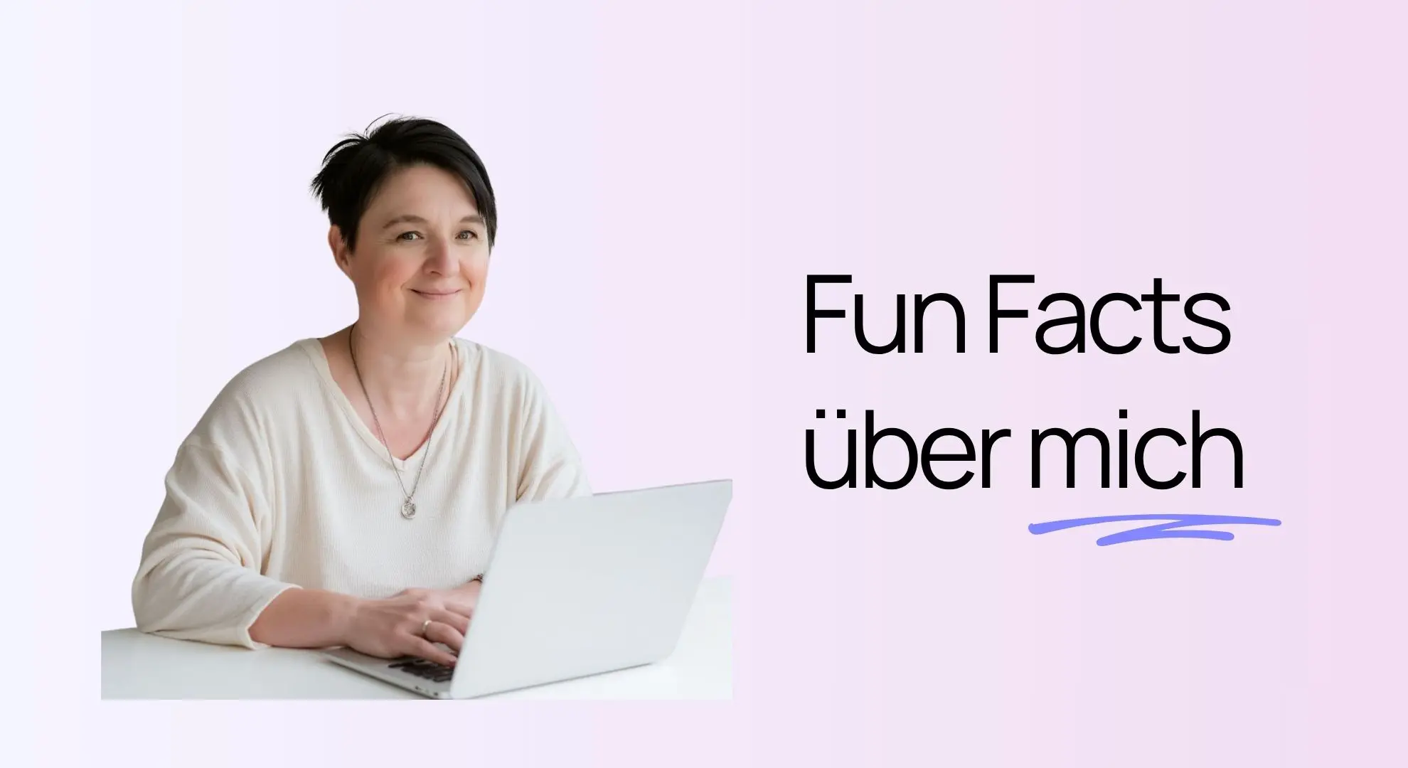 Eine Person, die vor einem Laptop sitzt, neben dem der Text „Fun Facts über mich“ steht.