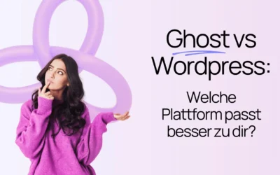 Eine Frau in einem lila Pullover blickt nachdenklich neben dem Text: „Ghost vs. WordPress: Welche Plattform passt besser zu dir?“.