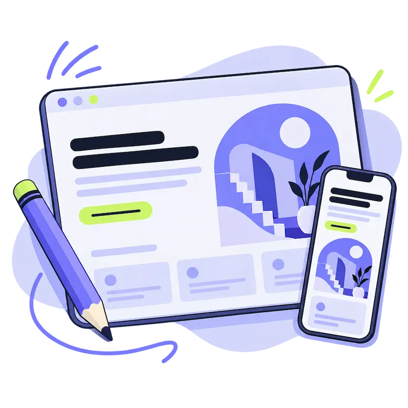 Ein Tablet und ein Smartphone, auf denen identische Website-Layouts zu sehen sind, daneben ein Bleistift. Ein Tablet und ein Smartphone, auf denen identische Website-Layouts zu sehen sind, daneben ein Bleistift.