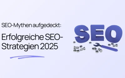 Der Text „SEO-Mythen aufgedeckt: Erfolgreiche SEO-Strategien 2025“ neben 3D-Buchstaben, die das Wort „SEO“ bilden, mit verstreuten Metallschrauben und einem Schraubenschlüssel.