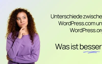 Eine nachdenklich wirkende Frau neben einem deutschen Text, in dem nach den Unterschieden zwischen WordPress.com und WordPress.org gefragt wird und welche der beiden Plattformen besser ist.